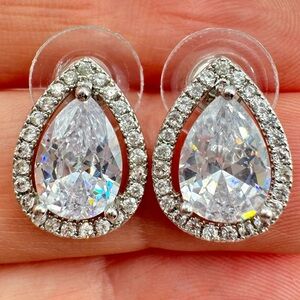 Cubic Zirconia Pear Pave Halo Stud Earrings Wedding Bridal Bride Bridesmaid Gala